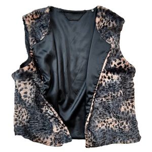 Elie Tahari Faux Fur Animal Cheetah Leopard Print Vest XL Black Brown Glam